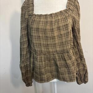 Stitch &!Feather Boho Plaid Prairie Babydoll Long Sleeves Blue Hues Small